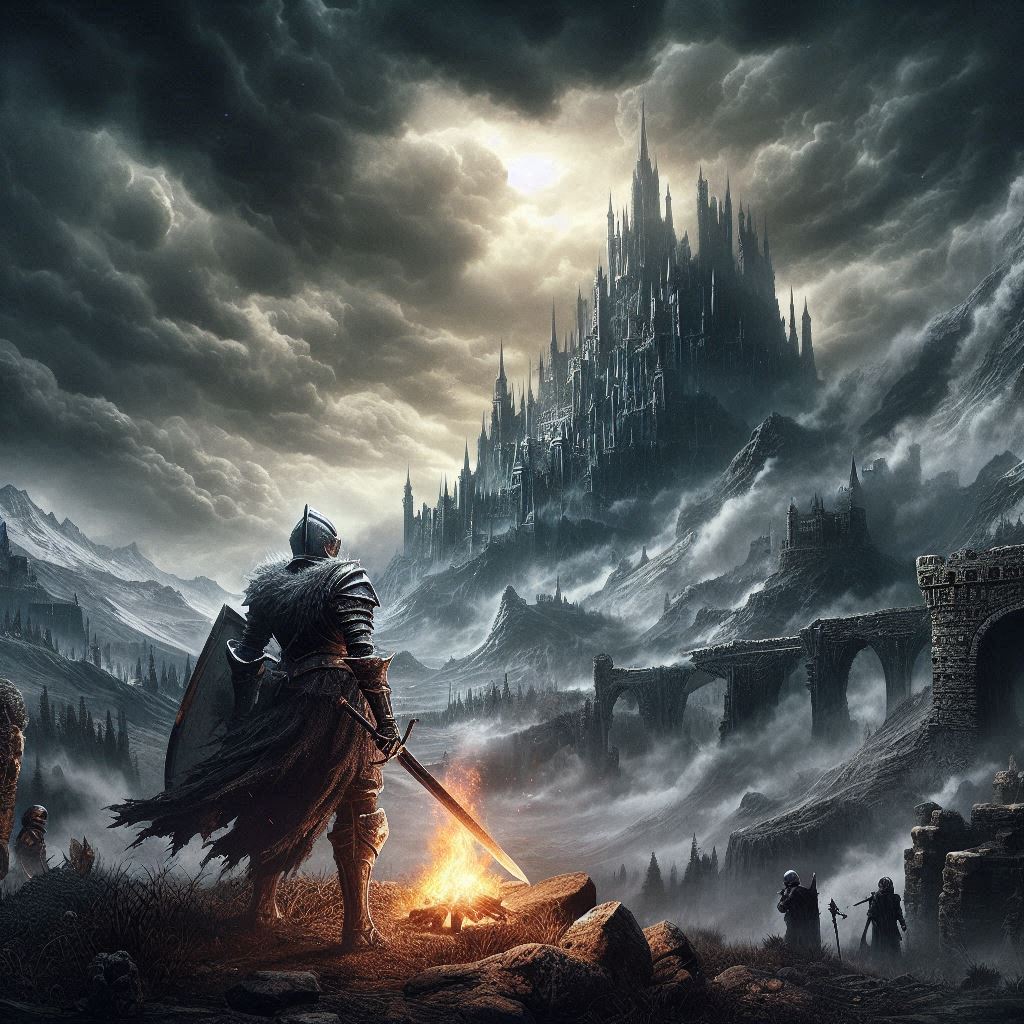 Here's an image prompt tailored to evoke the Dark Souls III aesthetic: **Prompt:** "A hauntingly beautiful scene from Dark Souls III featuring a desolate landscape with crumbling ruins under a stormy sky. In the foreground, an armored knight stands defiantly, holding a massive greatsword, with a glowing bonfire flickering nearby. Shadowy figures loom in the background, and the silhouette of a gothic castle can be seen on a distant mountain, partially obscured by swirling fog. The color palette is dark and moody, with hints of ember and blue, capturing the game's melancholic yet epic atmosphere." Feel free to use this prompt for any artistic creation!