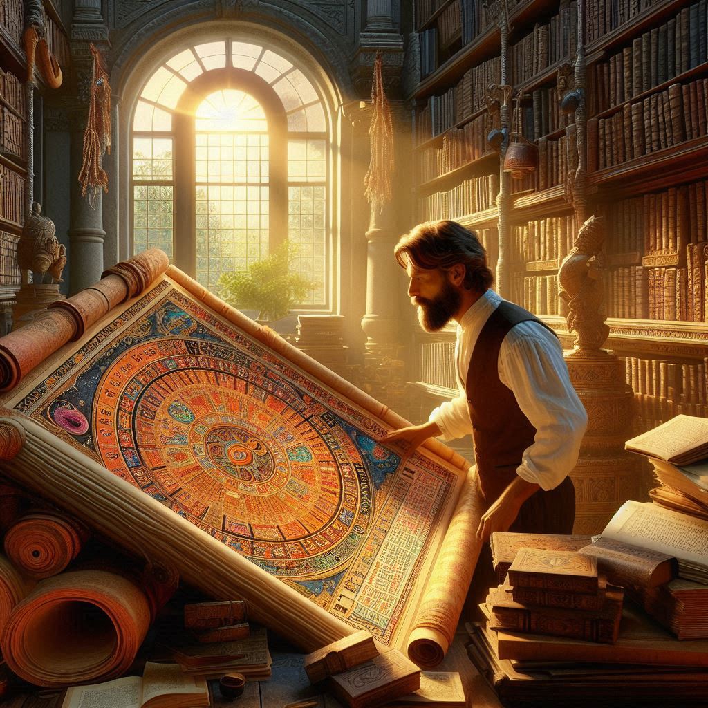 **Image Prompt:** Create a visually captivating scene depicting a curious German man in a sunlit library surrounded by ancient artifacts. He is intently examining a beautifully illustrated panchang (Hindu calendar) open in front of him, showcasing intricate Devanagari script and vibrant astrological symbols. Stacks of books and scrolls related to Hindu culture are around him, while a window in the background reveals a serene garden, integrating elements of both Western curiosity and Eastern tradition. The atmosphere should express a sense of discovery and wonder as he delves into this rich cultural heritage.