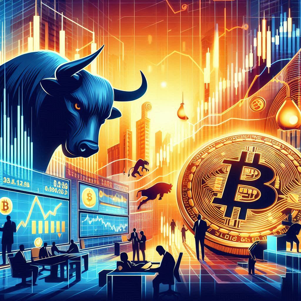 Create an image depicting a dynamic scene of a bustling stock market, with the bull and bear symbols representing rising and falling markets. In the background, showcase a digital display showing soaring Bitcoin prices, perhaps with a visual of a Bitcoin coin highlighted. Additionally, include a graph illustrating the dip in oil prices and symbols representing the Indian stock market, demonstrating the interconnectedness of global economic trends. The color scheme should be vibrant to reflect the excitement of the market, with overlay text stating, "US Markets Surge, Bitcoin Rises: What's Ahead for India?"