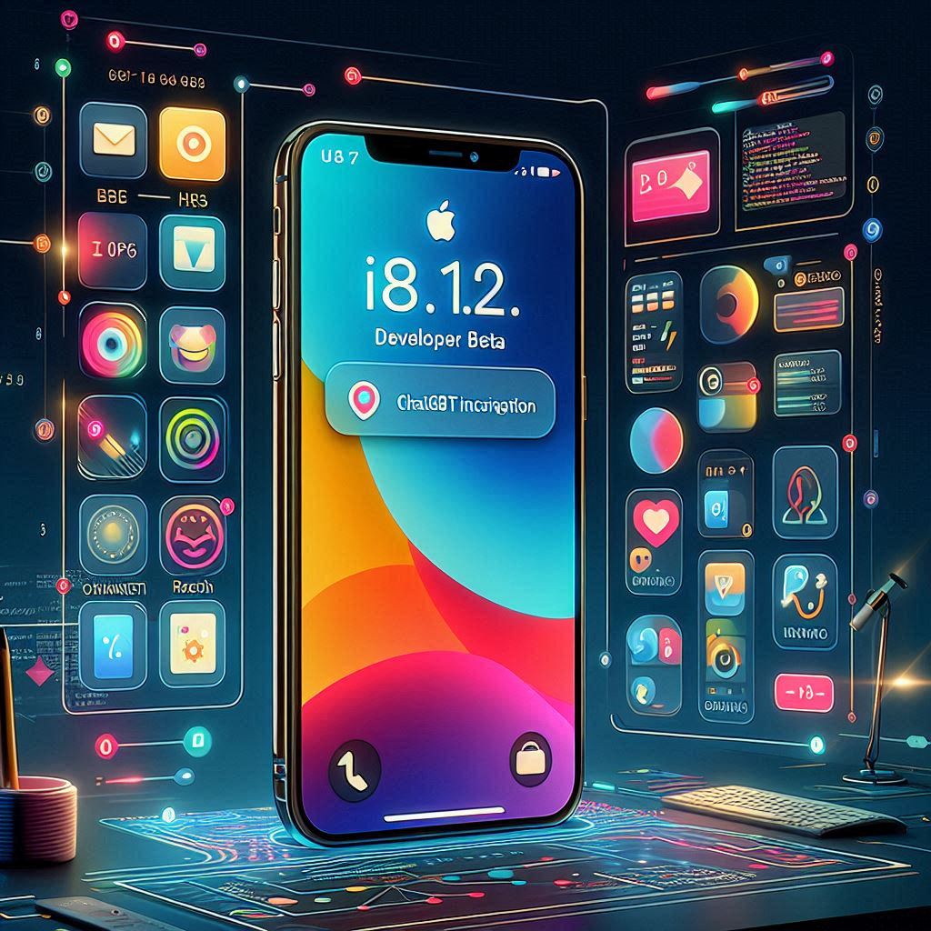 a sleek and modern digital illustration of an iPhone displaying the iOS 18.2 Developer Beta interface. The screen should showcase its new features like ChatGPT integration and GenMoji, with vibrant colors and interactive elements. Include a background that suggests a tech-savvy environment, such as a workspace with coding symbols, app icons, and a subtle gradient that represents innovation and advancement in technology."