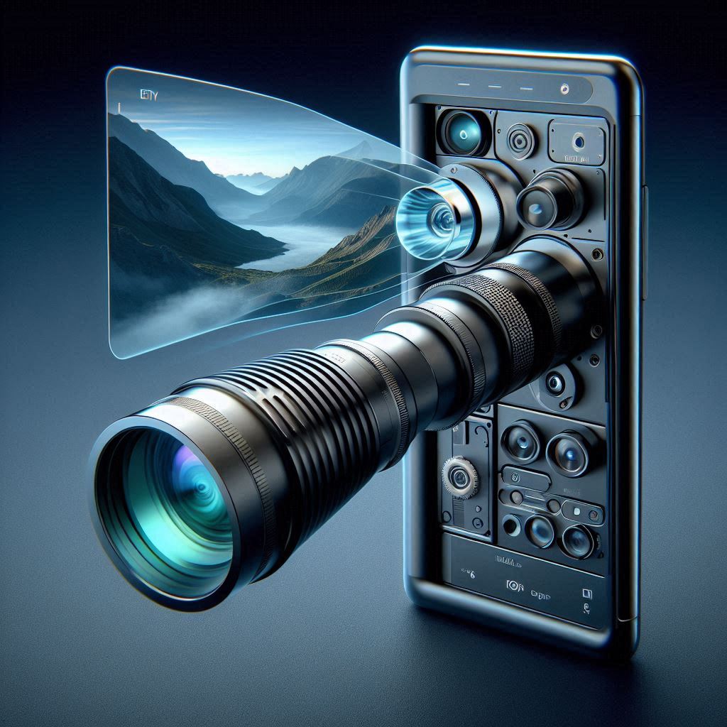 an image showcasing a futuristic smartphone with an advanced periscope camera system on the back. The design should emphasize a sleek, slim device with a high-tech periscope lens integrated seamlessly into the body. Include a zoomed-in view of the lens mechanism, highlighting its folded optical path. 