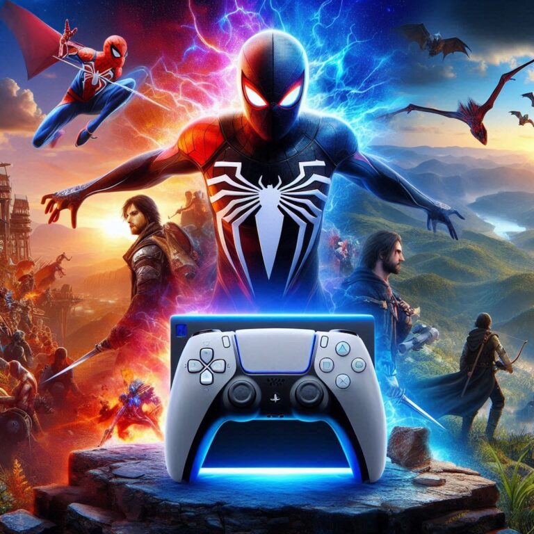 Create a visually striking image that encapsulates the standout features of the PlayStation 5 (PS5) gaming console. Showcase a vibrant 4K gaming scene featuring iconic exclusive titles like "Spider-Man: Miles Morales" and "Demon’s Souls," set against a backdrop of breathtaking landscapes and dynamic battle sequences. Highlight the sleek design of the PS5 along with its DualSense controller, emphasizing the haptic feedback and adaptive triggers. Include elements that symbolize lightning-fast load times, such as speed lines or a fast-travel concept, and incorporate symbols of VR gaming, like a player immersed in a virtual environment. Finally, subtly depict backward compatibility with a blend of classic PS4 games. The overall composition should convey a sense of advanced technology and immersive gaming experiences that the PS5 offers.