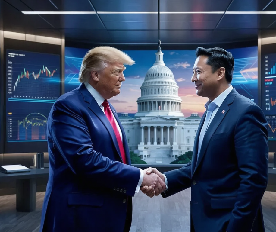 an image of a modern, bustling government office filled with futuristic technology. In the foreground, depict Donald Trump shaking hands with Elon Musk and Vivek Ramaswamy, all three looking confident and determined. The background features screens displaying innovative projects and digital graphs symbolizing efficiency and progress. The atmosphere should convey a sense of collaboration and a new era of governance, with diverse staff members engaged in discussions and utilizing advanced tools.