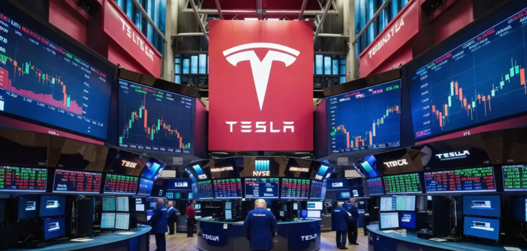 Create an image depicting a dynamic trading floor with enthusiastic investors focused on Tesla's soaring stock prices. Include visual elements like digital screens displaying stock charts, options contracts, and the Tesla logo prominently featured. In the background, show a subtle reference to political themes, such as red and blue color accents, symbolizing the influence of Donald Trump's recent electoral victory on the market.