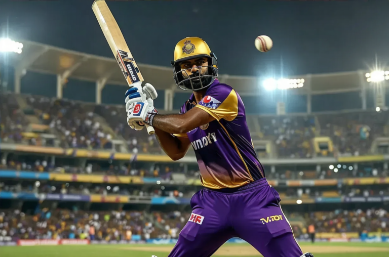 dynamic image of Rinku Singh, the left-handed Indian IPL cricketer, poised at the crease with a confident stance. Illustrate him in the iconic purple and gold jersey of the Kolkata Knight Riders, gripping his cricket bat tightly as he prepares to unleash a powerful shot. Capture the intensity in his eyes and the determination on his face under the vibrant stadium lights. The background should showcase a packed stadium, with fans cheering wildly, some holding banners and flags in support. Emphasize the energy of the moment, highlighting the cricket field, the gleaming white ball in mid-air, and the lush green turf beneath him, making it a vivid representation of a thrilling IPL match.