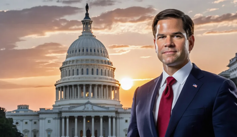 Create an image of Senator Marco Rubio standing confidently in front of the U.S. Capitol building, dressed in a tailored navy suit and a crisp white shirt, with a red tie symbolizing his Republican affiliation. He has a focused expression, holding a folder of documents l